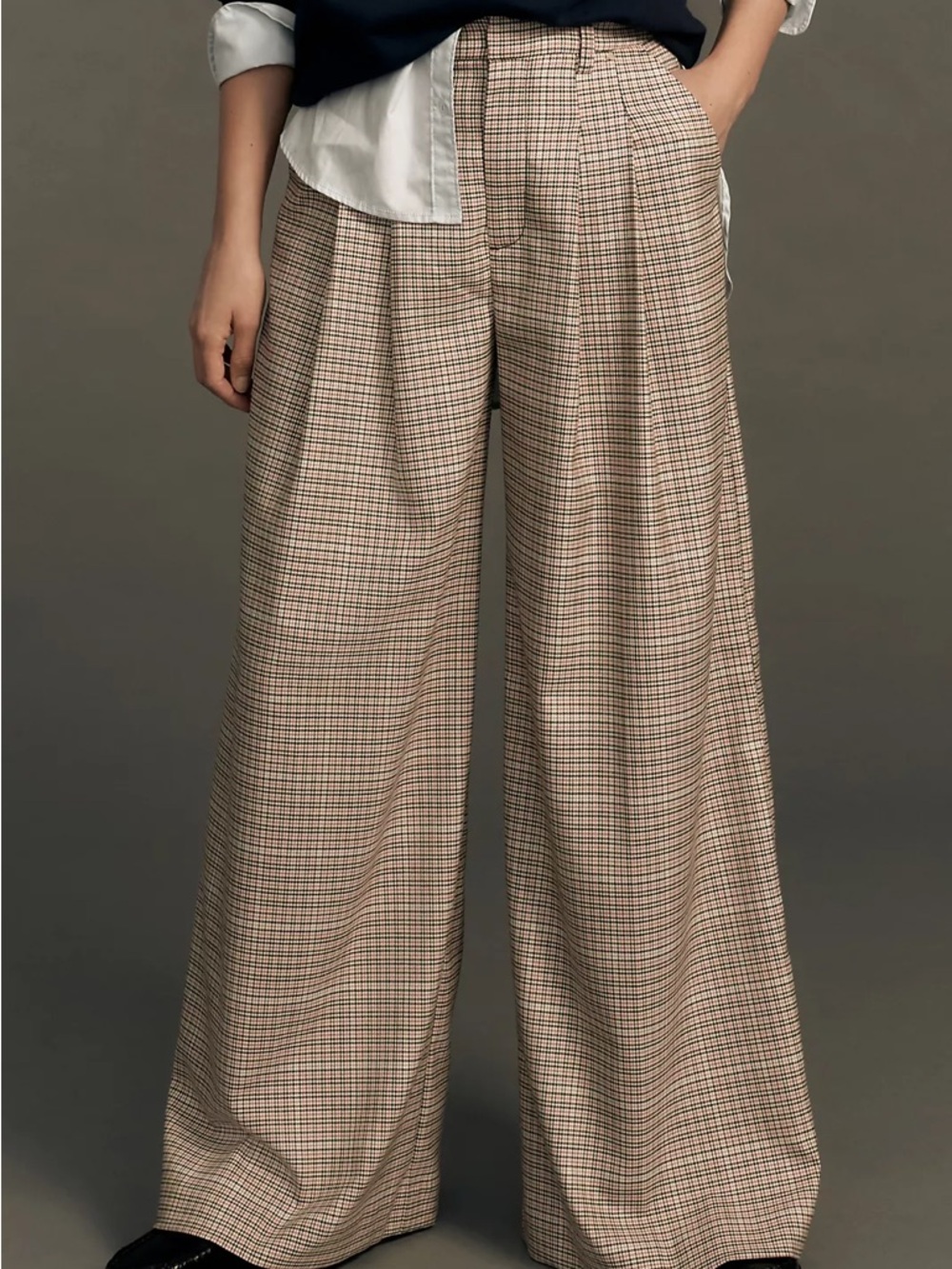 Anthropologie Wide-Leg Plaid Pants in Brown and Cream